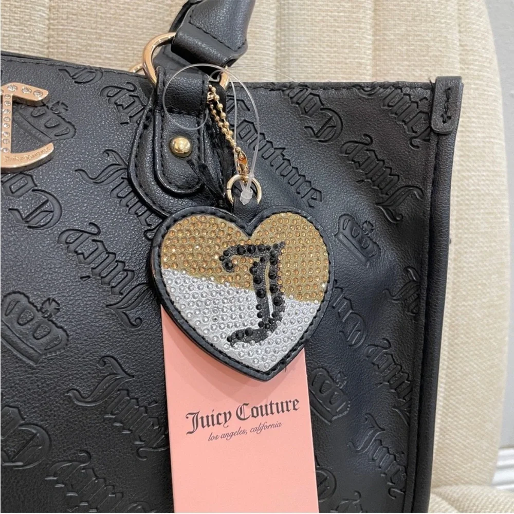 NEW Juicy Couture‎ Black Embossed Logo Tote Bag Gold Rhinestone JC Charm